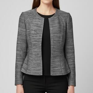 Theory Jondi Size 6 Tweed Knit Jacket Gray Black Open Front Work Blazer Peplum